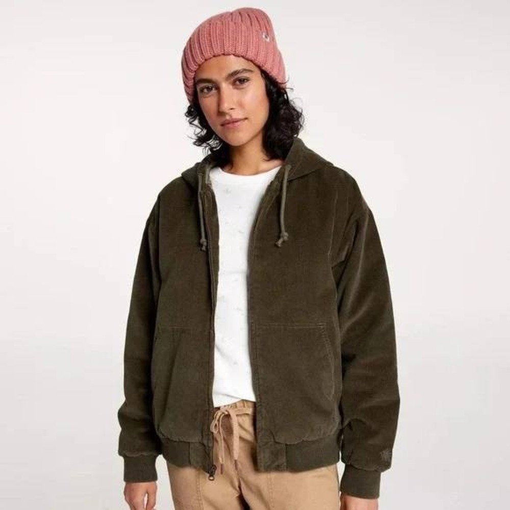 Alpine Design Womens L Corduroy Quilted Full Zip Hooded Jacket Olive Organic NEW